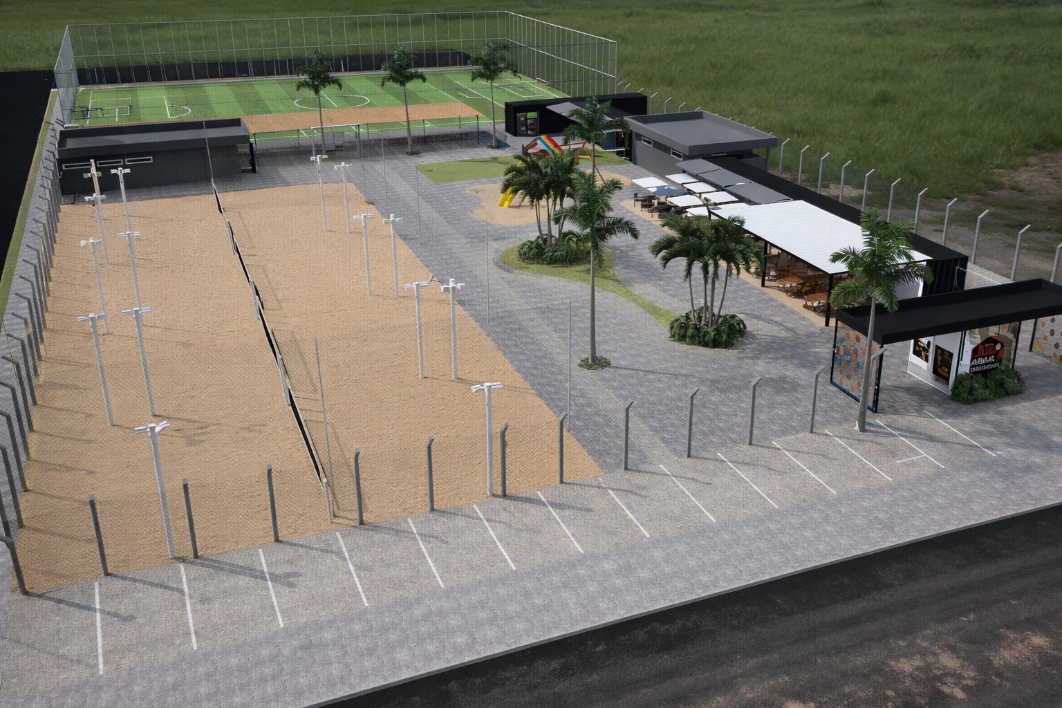 Vista geral da estrutura esportiva com espaços amplos